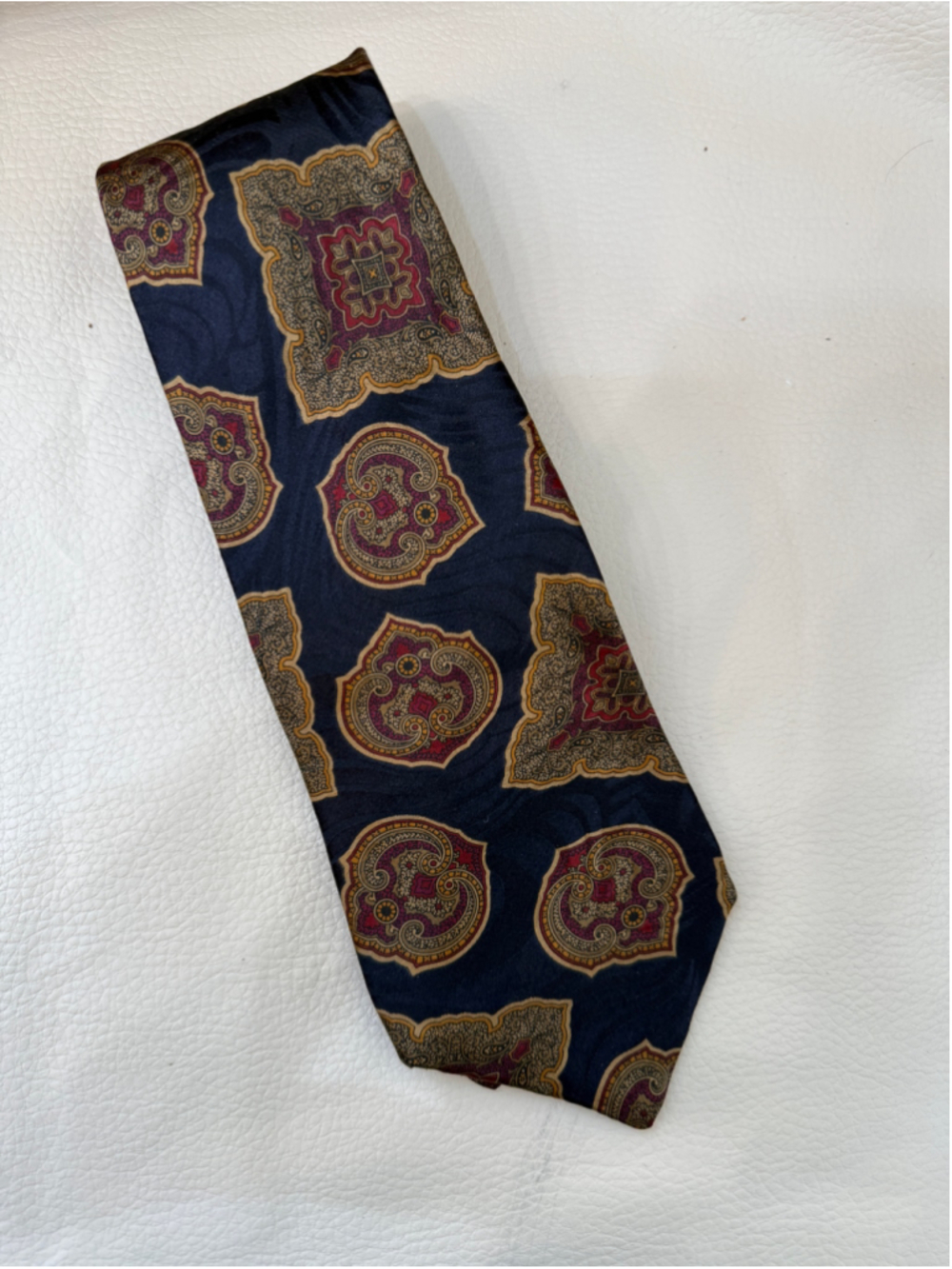 CELINE Collection Men’s Tie Navy Burgundy Gold Paisley Medallion Made in USA